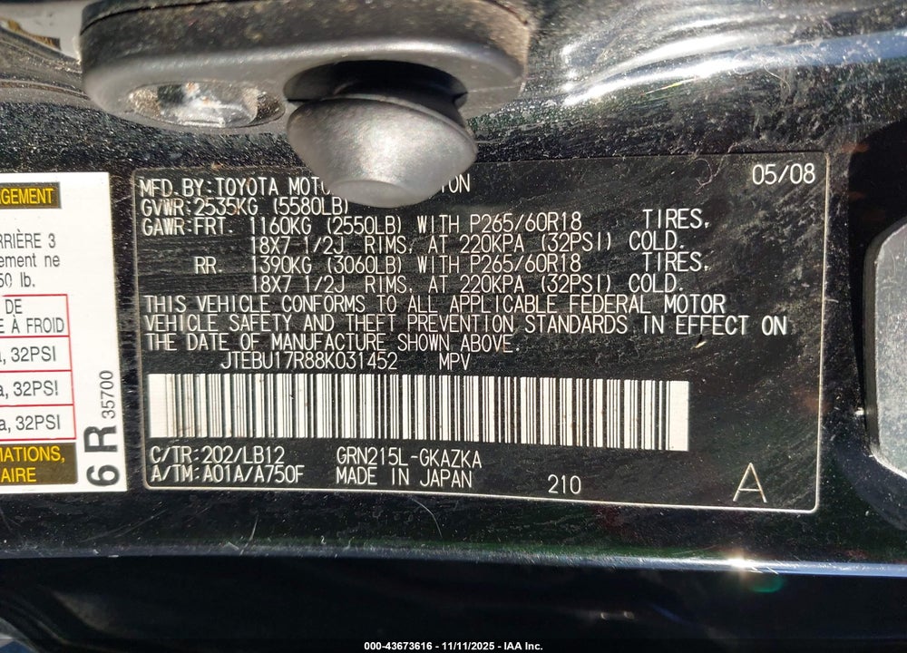 2008 TOYOTA 4RUNNER LIMITED V6 VIN: JTEBU17R88K031452