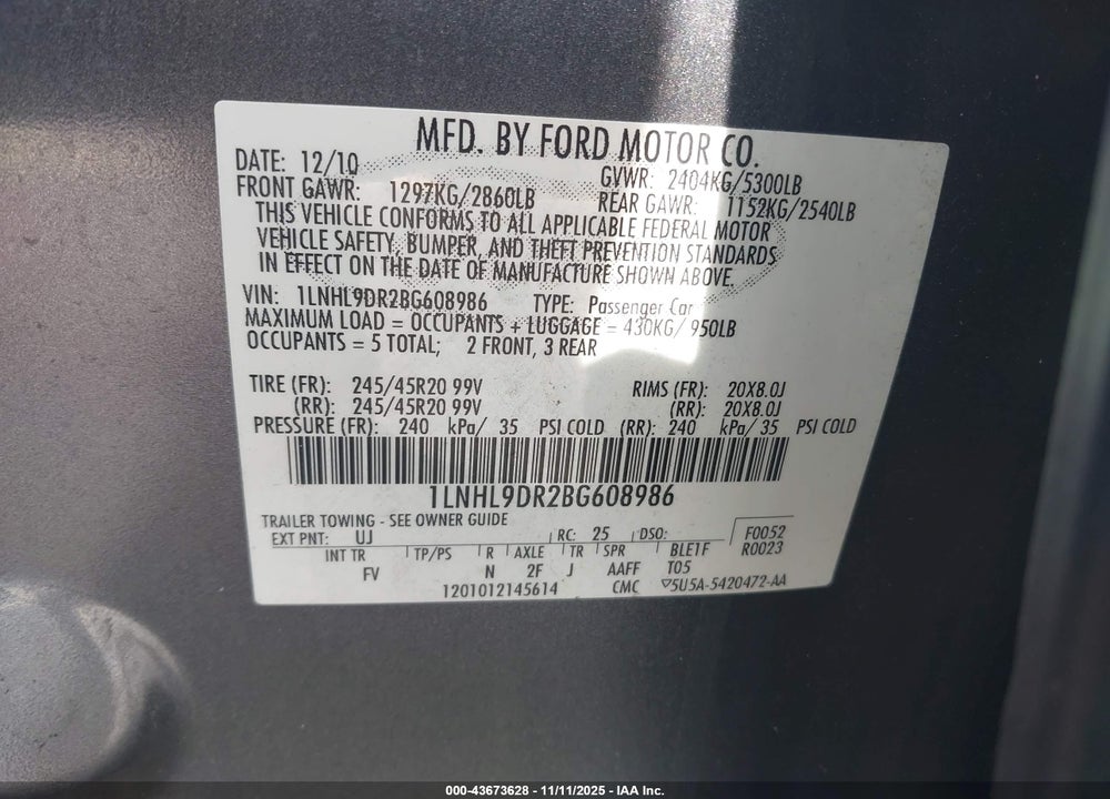 2011 LINCOLN MKS VIN: 1LNHL9DR2BG608986