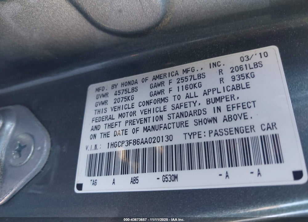 2010 HONDA ACCORD 3.5 EX-L VIN: 1HGCP3F86AA020130