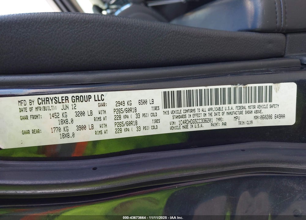 2012 DODGE DURANGO CREW VIN: 1C4RDHDG5CC336201