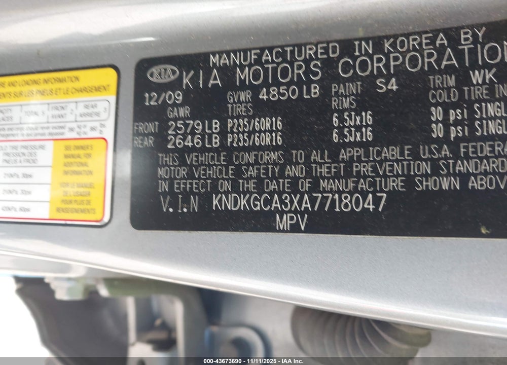 2010 KIA SPORTAGE LX V6 VIN: KNDKGCA3XA7718047