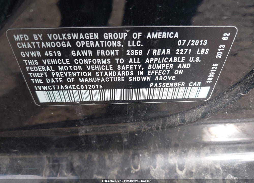 2014 VOLKSWAGEN PASSAT 1.8T SEL PREMIUM VIN: 1VWCT7A34EC012015