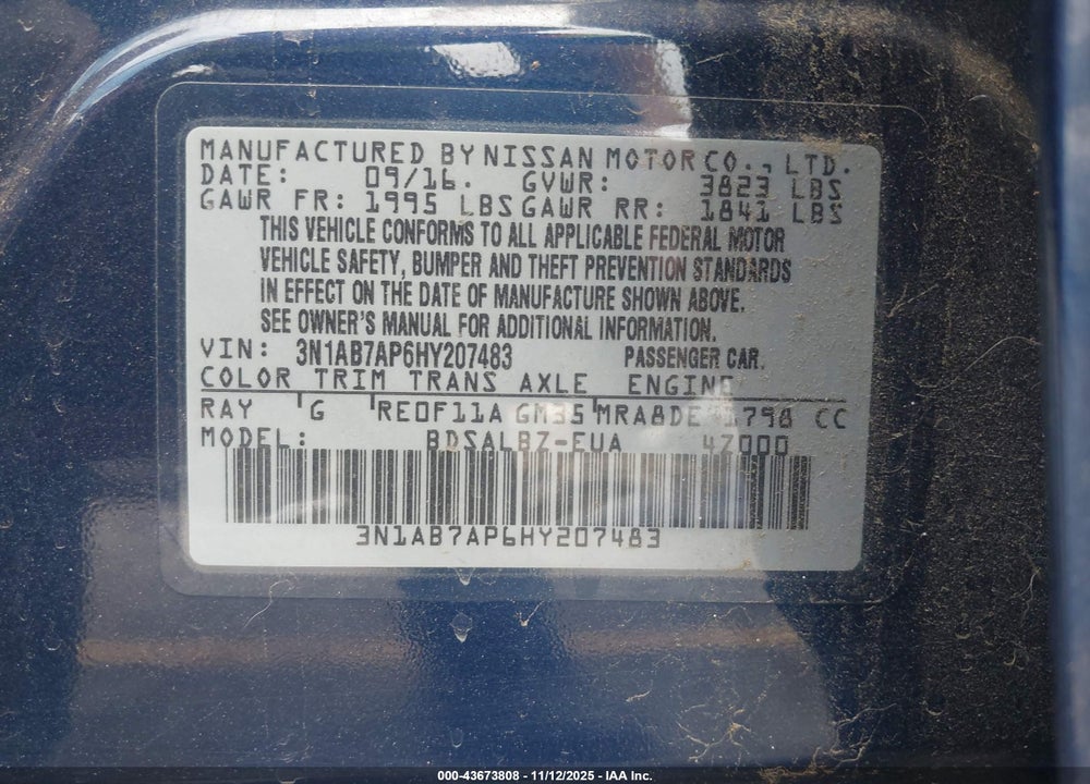 2017 NISSAN SENTRA VIN: 3N1AB7AP6HY207483