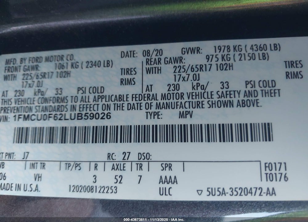 2020 FORD ESCAPE S VIN: 1FMCU0F62LUB59026