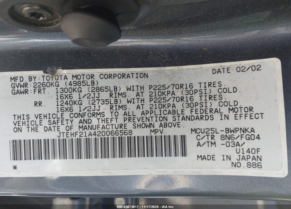 2002 TOYOTA HIGHLANDER V6 VIN: JTEHF21A420066568