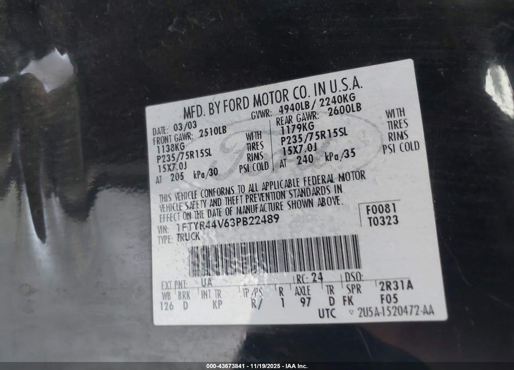 2003 RANGER FORD  EDGE/TREMOR/XLT VIN: 1FTYR44V63PB22489