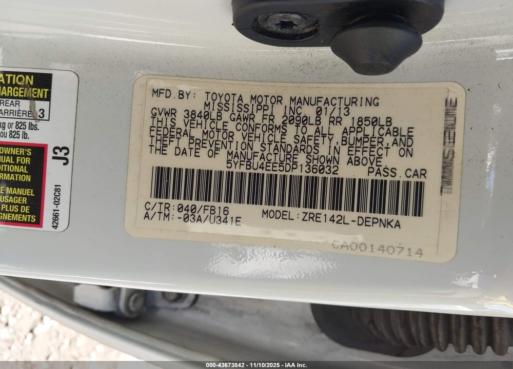 2013 TOYOTA COROLLA VIN: 5YFBU4EE5DP136032