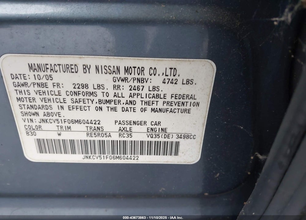2006 INFINITI G35X VIN: JNKCV51F06M604422