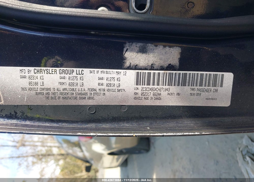 2012 DODGE CHARGER SE VIN: 2C3CDXBGXCH271043