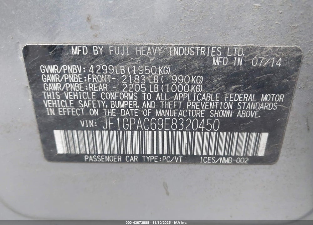 2014 SUBARU IMPREZA 2.0I PREMIUM VIN: JF1GPAC69E8320450