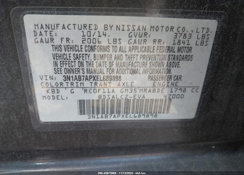 2014 NISSAN SENTRA VIN: 3N1AB7APXEL689898