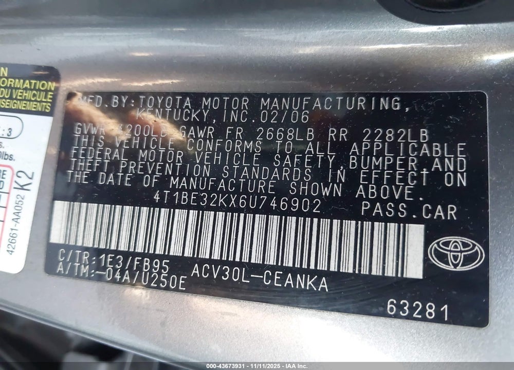 2006 TOYOTA CAMRY LE VIN: 4T1BE32KX6U746902