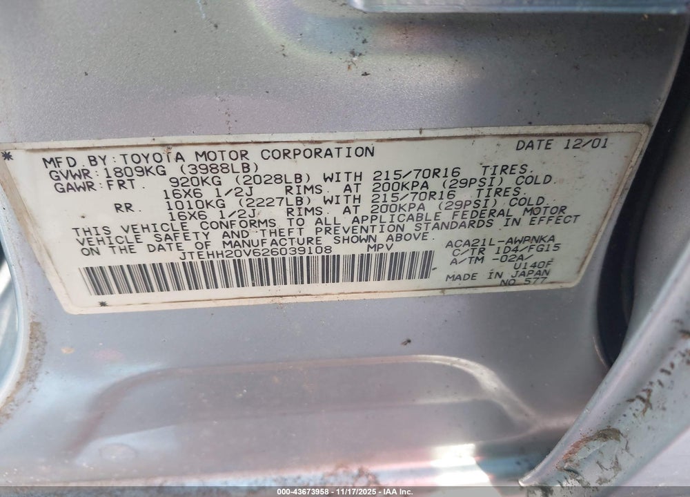 2002 TOYOTA RAV4 VIN: JTEHH20V626039108