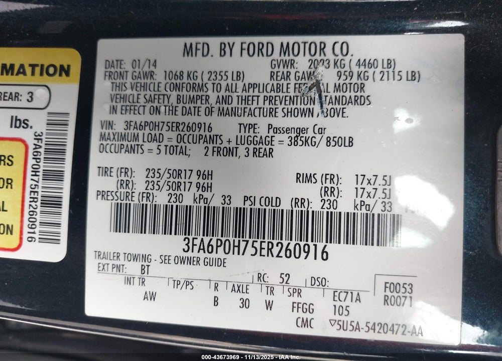 2014 FORD FUSION SE VIN: 3FA6P0H75ER260916