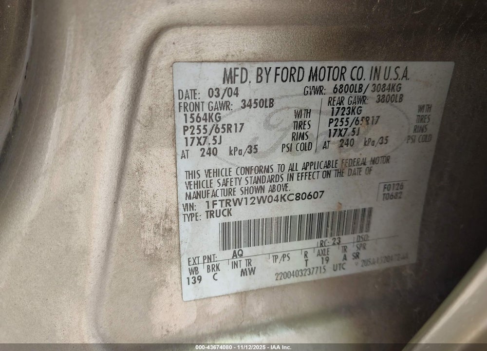 2004 FORD F-150 XLT VIN: 1FTRW12W04KC80607