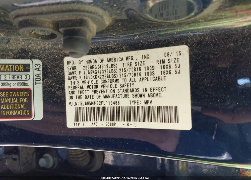 2015 HONDA CR-V LX VIN: 5J6RM4H32FL113466