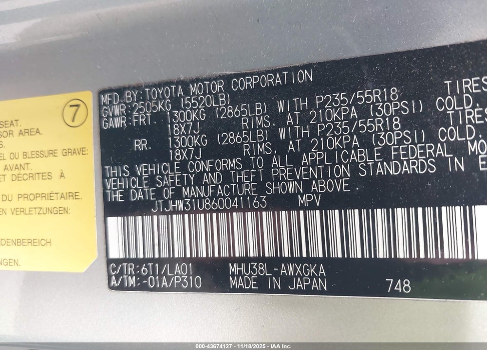 2006 LEXUS RX 400H VIN: JTJHW31U860041163