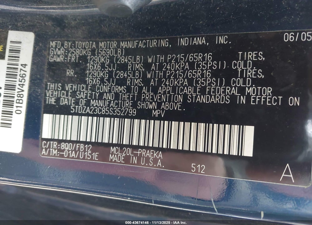2005 TOYOTA SIENNA LE VIN: 5TDZA23C85S352799
