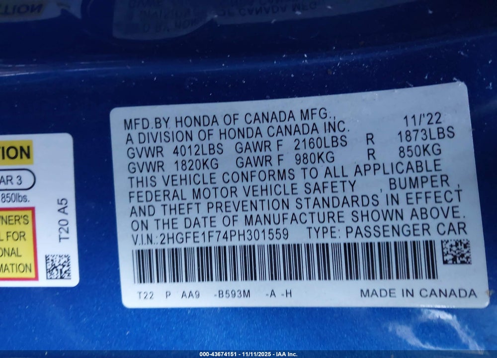 2023 HONDA CIVIC EX /EX W/O BSI VIN: 2HGFE1F74PH301559