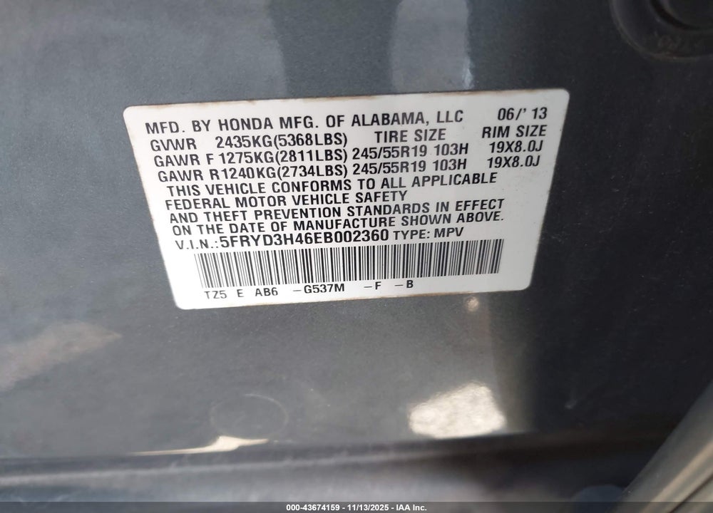 2014 ACURA MDX VIN: 5FRYD3H46EB002360