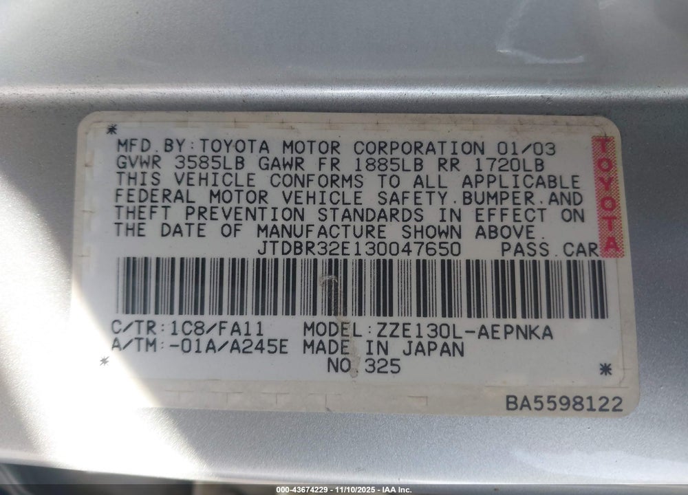 2003 TOYOTA COROLLA LE VIN: JTDBR32E130047650