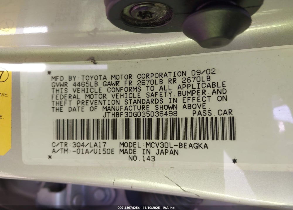 2003 LEXUS ES 300 VIN: JTHBF30G035038498