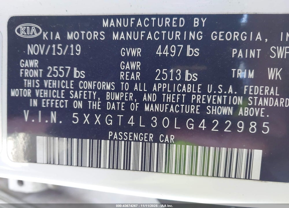 2020 KIA OPTIMA LX VIN: 5XXGT4L30LG422985