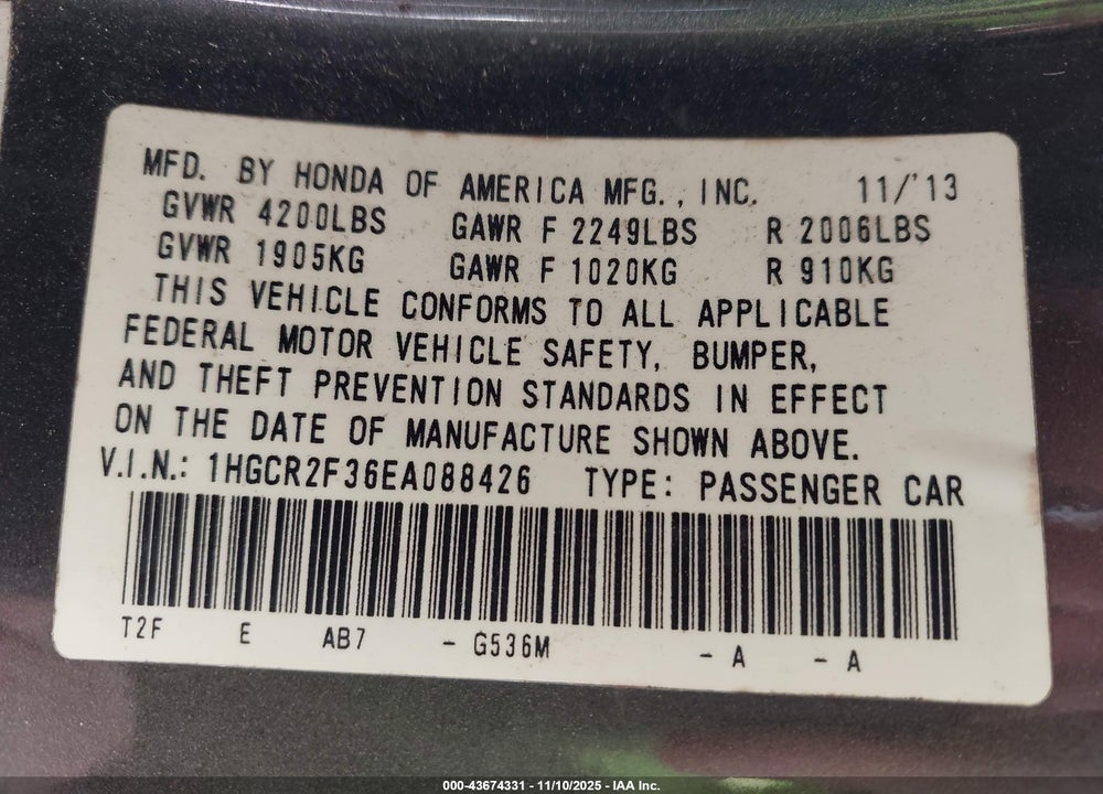 2014 HONDA ACCORD LX VIN: 1HGCR2F36EA088426