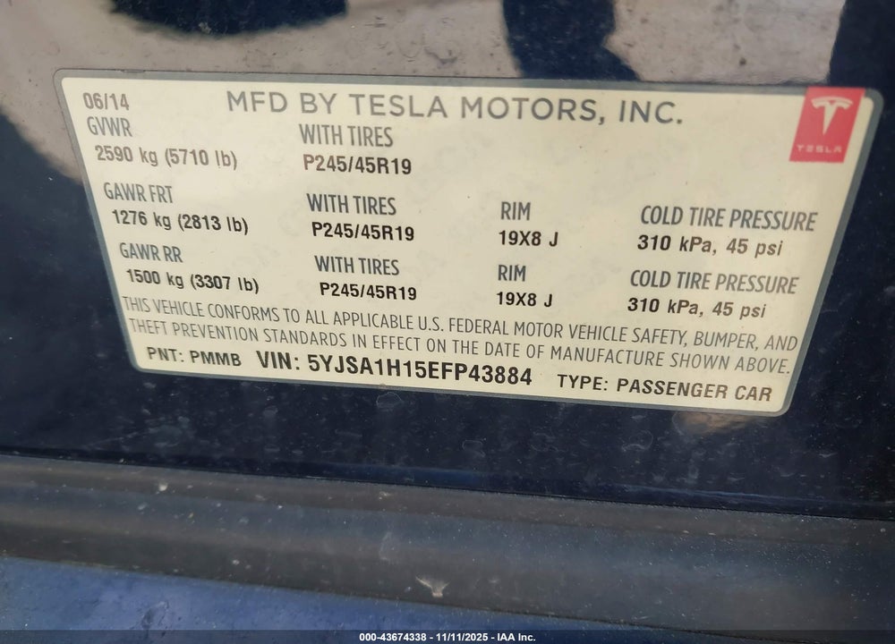 2014 TESLA MODEL S P85 VIN: 5YJSA1H15EFP43884