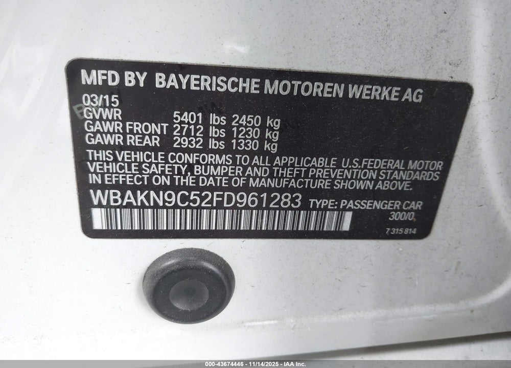 2015 BMW 550I VIN: WBAKN9C52FD961283