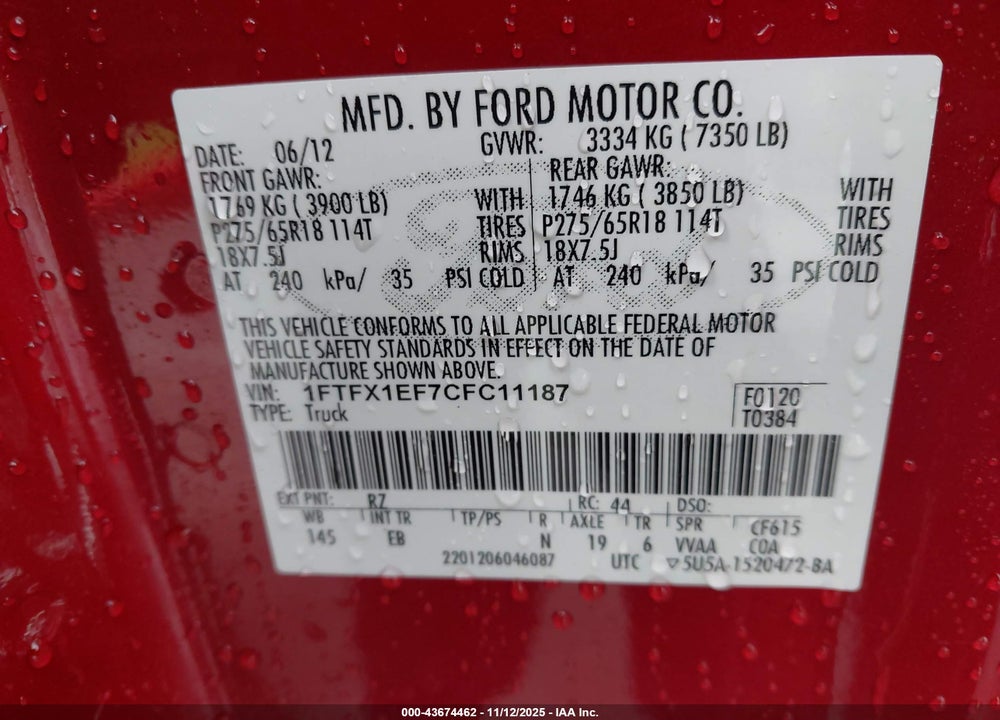 2012 FORD F-150 LARIAT VIN: 1FTFX1EF7CFC11187