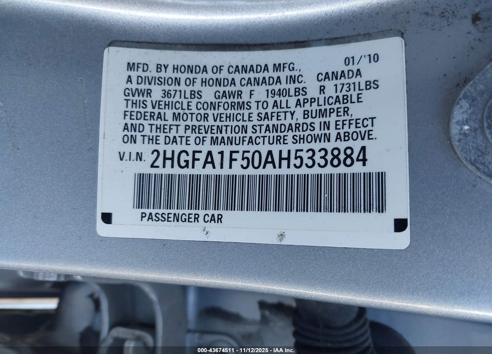 2010 HONDA CIVIC LX VIN: 2HGFA1F50AH533884