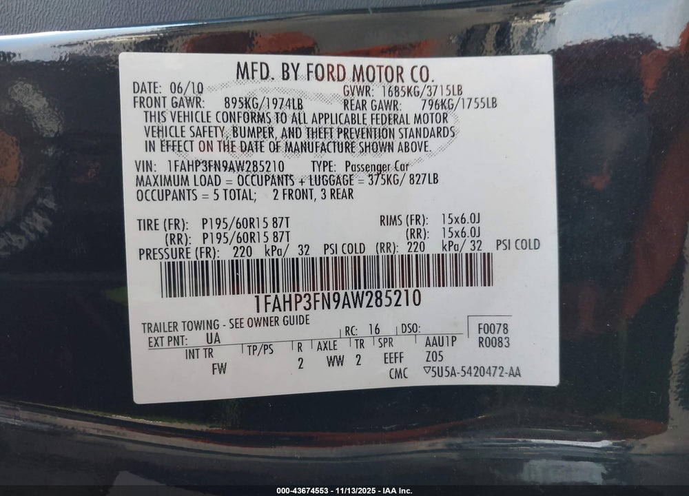 2010 FORD FOCUS SE VIN: 1FAHP3FN9AW285210