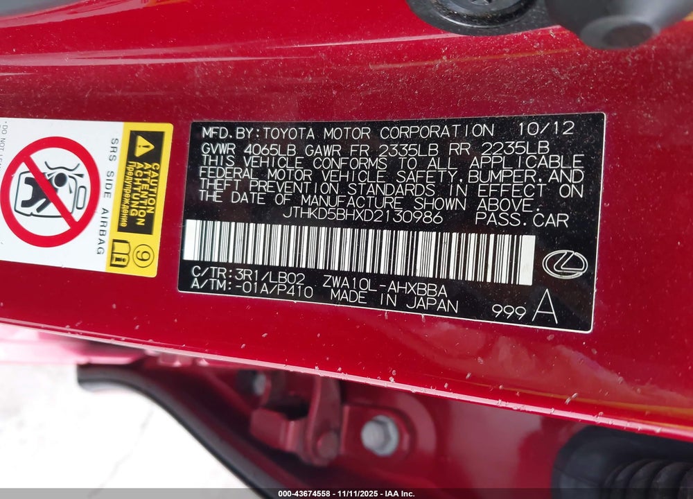2013 LEXUS CT 200H VIN: JTHKD5BHXD2130986