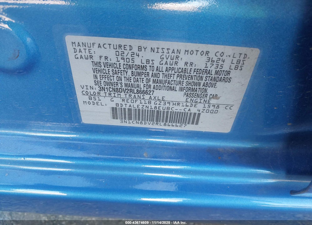 2024 NISSAN VERSA 1.6 S+ VIN: 3N1CN8DV2RL866627