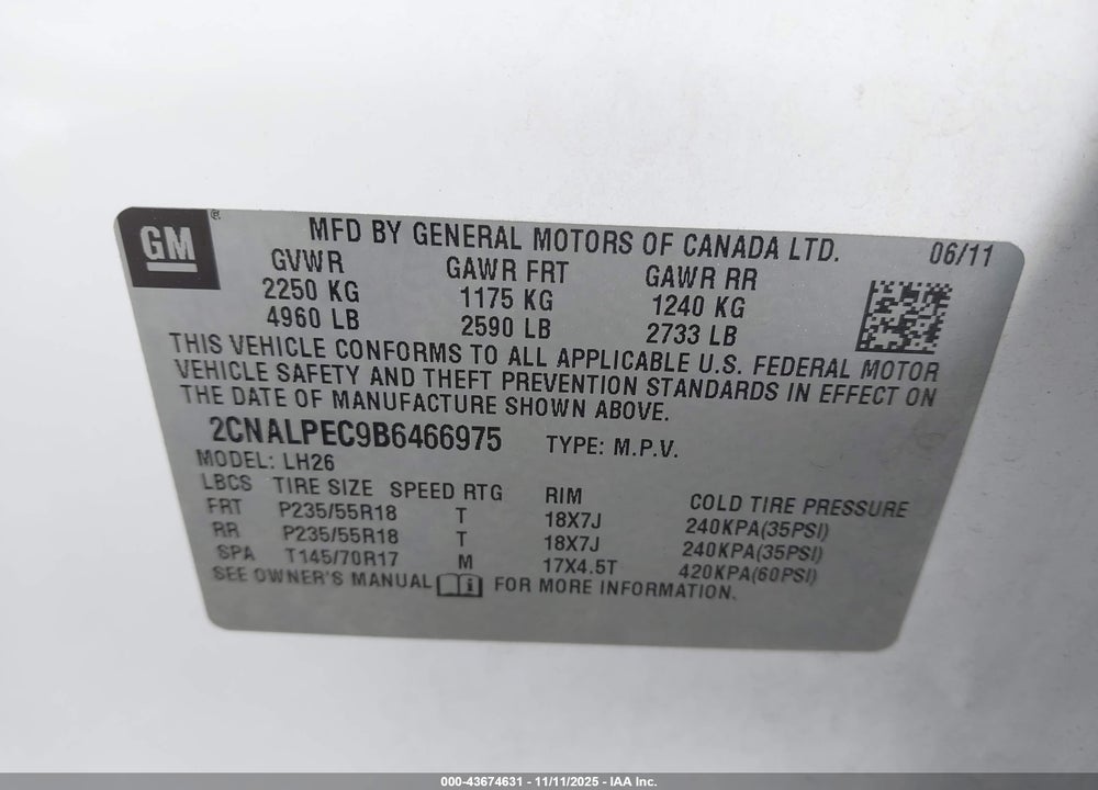 2011 CHEVROLET EQUINOX 2LT VIN: 2CNALPEC9B6466975