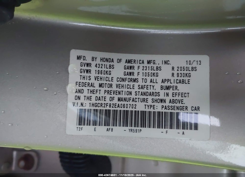 2014 HONDA ACCORD EX-L VIN: 1HGCR2F82EA060702