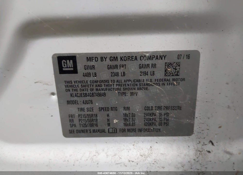 2016 BUICK ENCORE VIN: KL4CJESB4GB749849