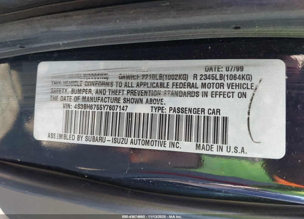 2000 SUBARU OUTBACK VIN: 4S3BH6755Y7607147