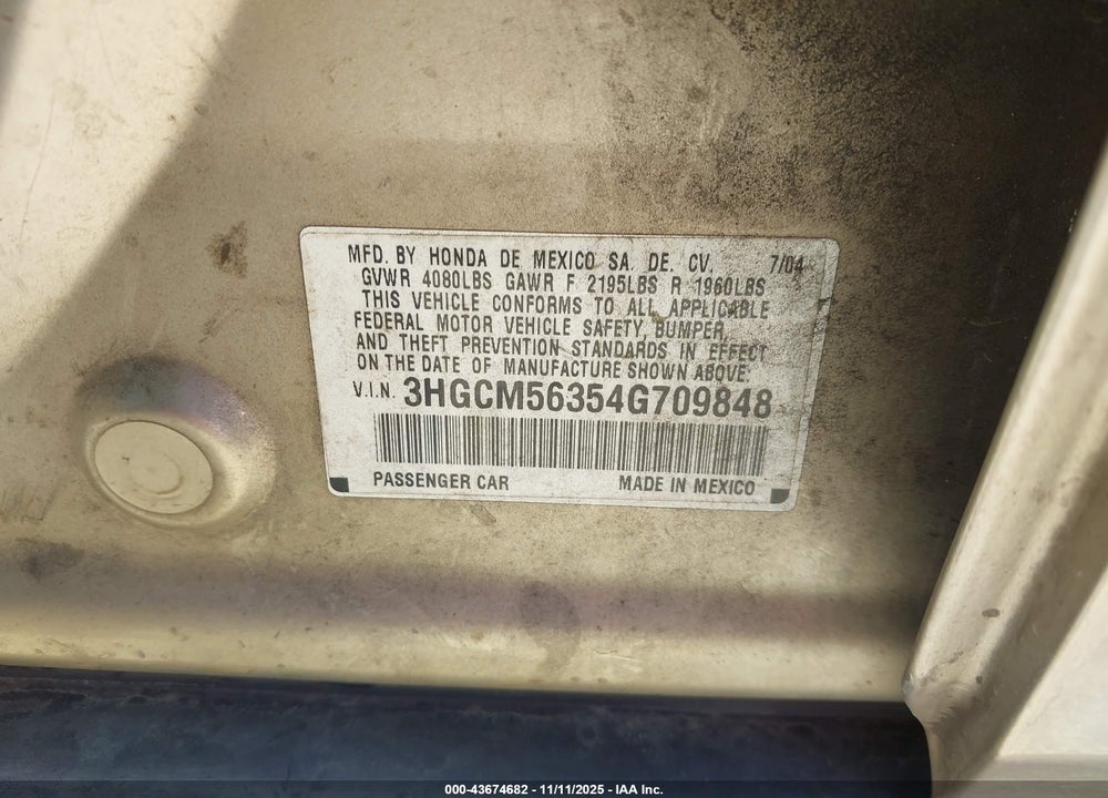 2004 HONDA ACCORD 2.4 LX VIN: 3HGCM56354G709848