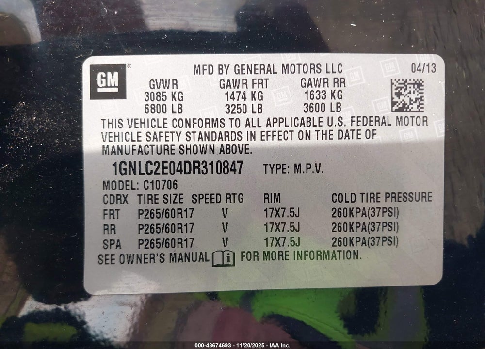 2013 CHEVROLET TAHOE COMMERCIAL FLEET VIN: 1GNLC2E04DR310847