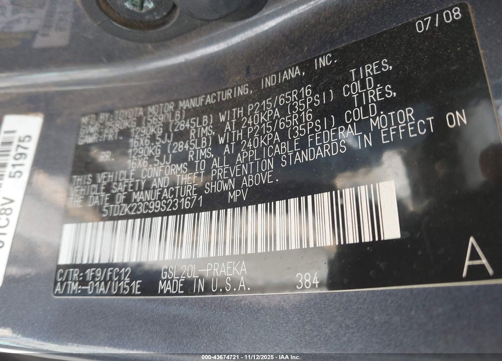 2009 TOYOTA SIENNA LE VIN: 5TDZK23C99S231671