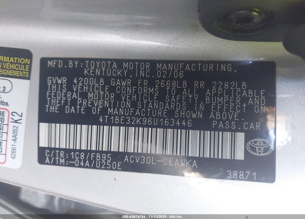 2006 TOYOTA CAMRY LE VIN: 4T1BE32K96U163446