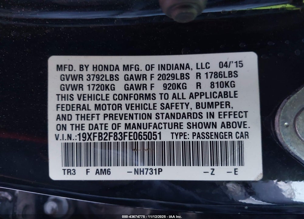 2015 HONDA CIVIC EX VIN: 19XFB2F83FE065051