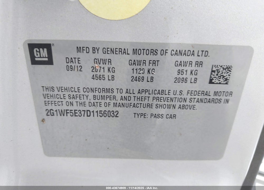 2013 CHEVROLET IMPALA LS VIN: 2G1WF5E37D1156032