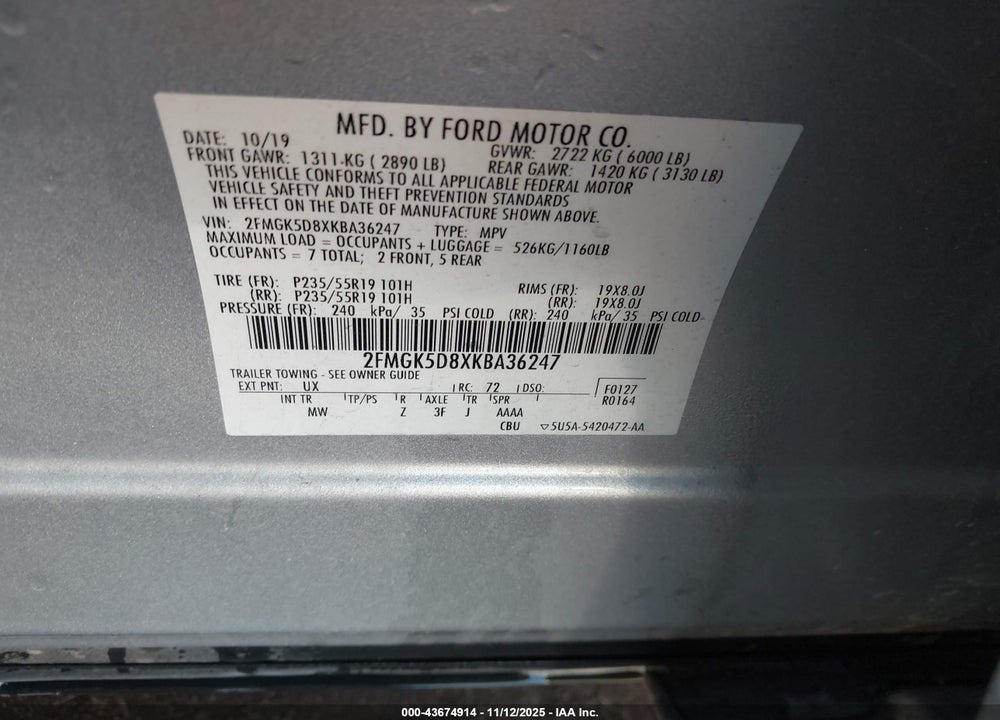 2019 FORD FLEX LIMITED VIN: 2FMGK5D8XKBA36247