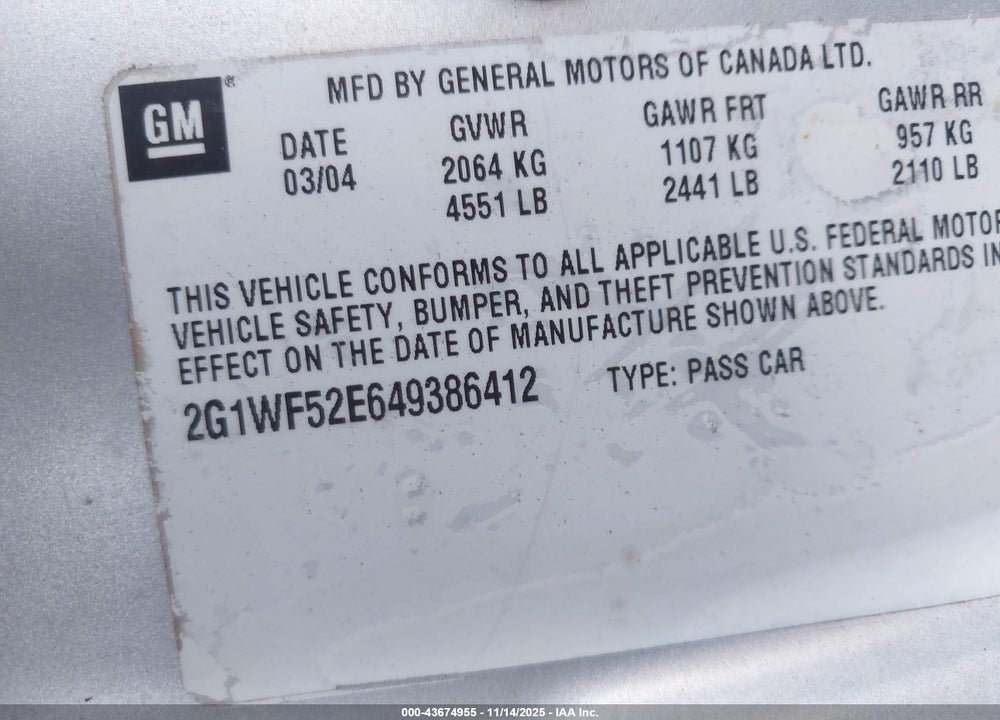 2004 CHEVROLET IMPALA VIN: 2G1WF52E649386412