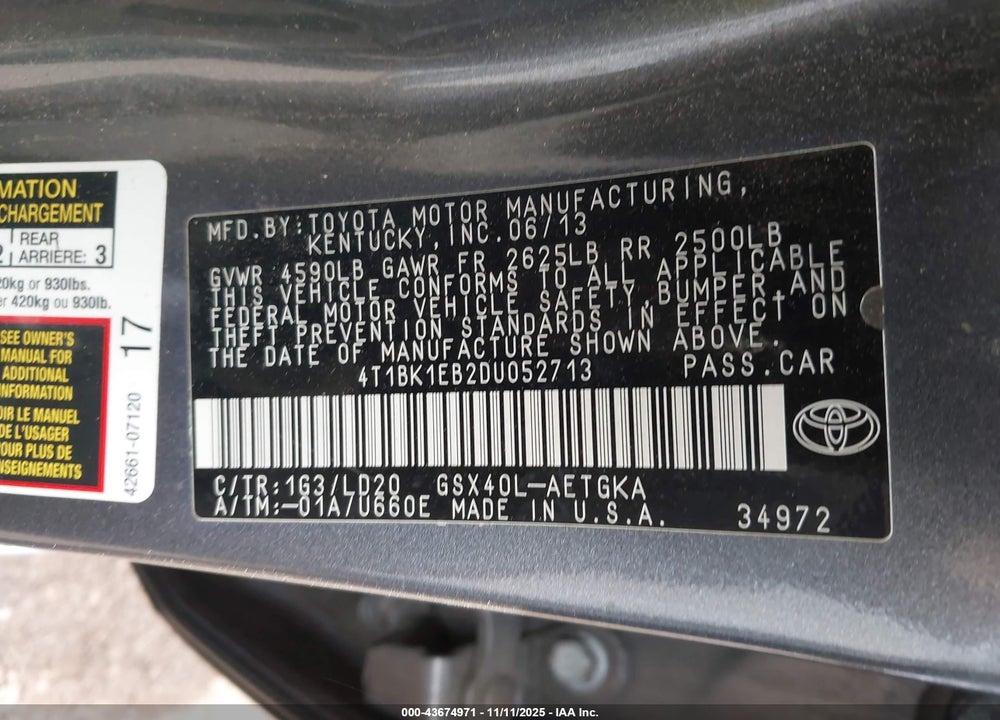 2013 TOYOTA AVALON XLE VIN: 4T1BK1EB2DU052713