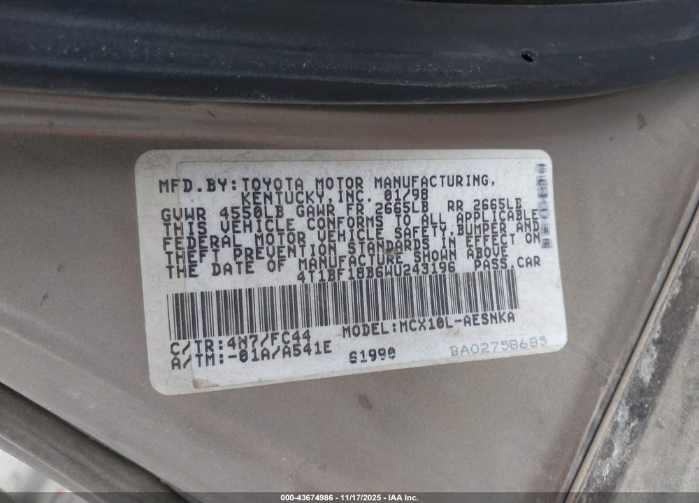 1998 TOYOTA AVALON XL VIN: 4T1BF18B6WU243196
