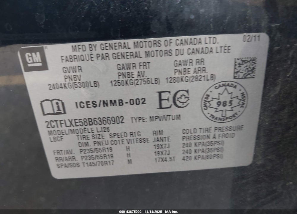 2011 GMC TERRAIN SLT-2 VIN: 2CTFLXE58B6366902